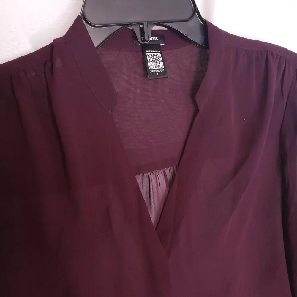 Express Women Purple Button V Neck Long Sleeve Sheer Lightweight Blouse Size S - Picture 4 of 15